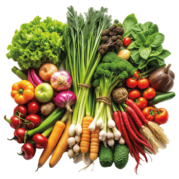 Assorted fresh vegetables arranged on a transparent background png