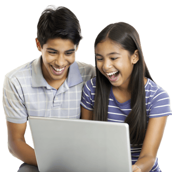 Two joyful siblings laughing and sharing a laptop moment png