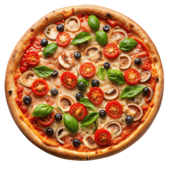 Delicious vegetable pizza with fresh basil and tomatoes png