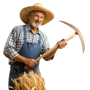 Senior farmer with a scythe standing next to wheat stalks png