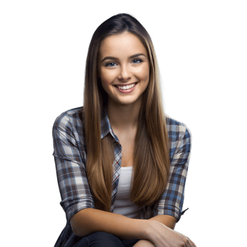 Cheerful young woman in plaid shirt posing with a smile png