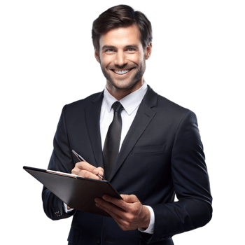 Confident young businessman writing on a clipboard png