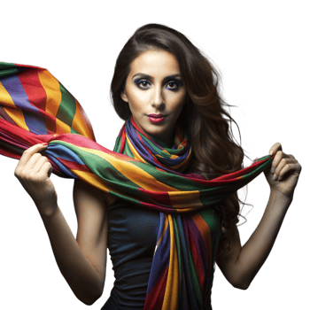 Elegant woman displaying vibrant multi-colored scarf png