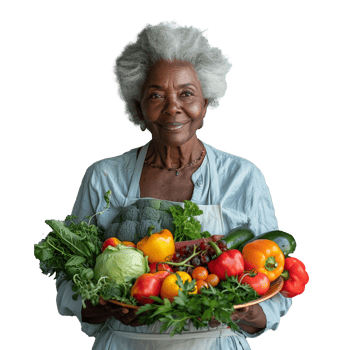 Senior woman holds fresh vegetables with a joyful smile png