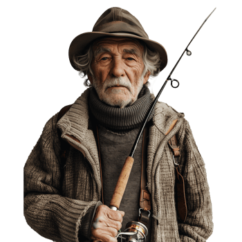 Elderly fisherman with experienced gaze holding fishing rod png