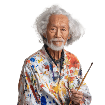 Elderly artist with colorful paint splattered smock holding a brush png