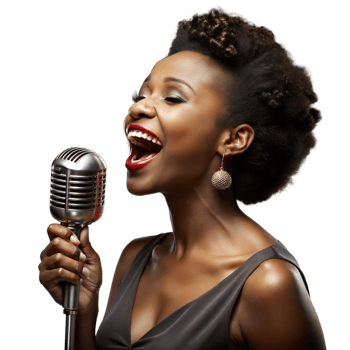 African American singer joyfully performing with a vintage microphone png