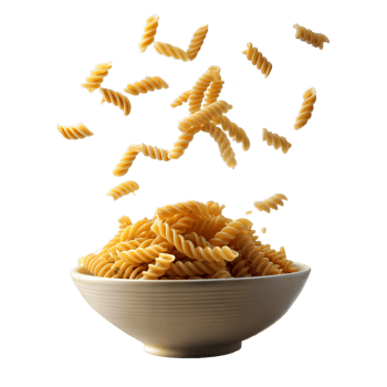 Spiral pasta tossed above a ceramic bowl on a light background png