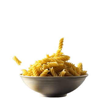 Fusilli pasta spirals jumping out of ceramic bowl png