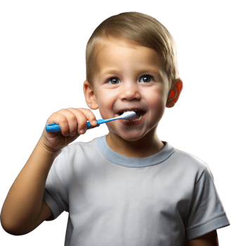 Young boy happily brushing teeth with a blue toothbrush png