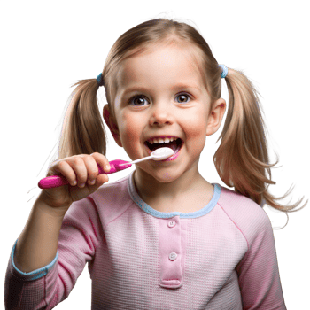 Happy young girl brushing teeth with a bright pink toothbrush png