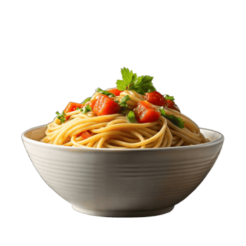 Delicious spaghetti with fresh tomatoes and herbs in a bowl png
