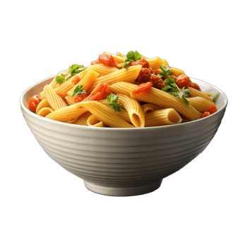 Delicious pasta penne with tomato sauce and herbs in a bowl png