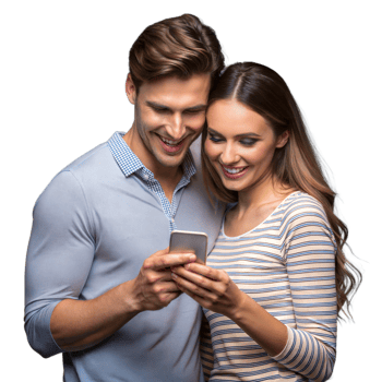 Happy couple sharing a fun moment looking at smartphone png