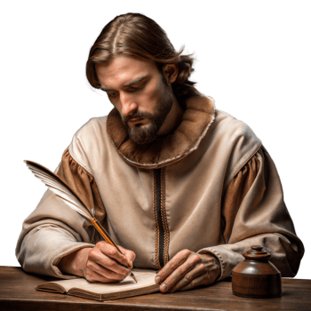Medieval monk writing diligently with quill and ink png
