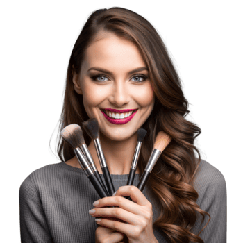 Smiling beauty expert holding makeup brushes on transparent background png
