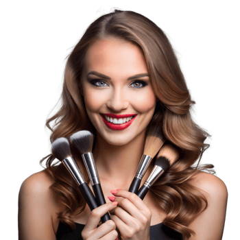 Smiling woman holding makeup brushes on a clear background png