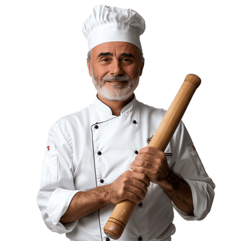 Confident senior chef with rolling pin smiling in uniform png