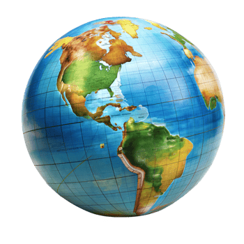 A detailed and colorful globe with a clear view of continents and geographical lines png
