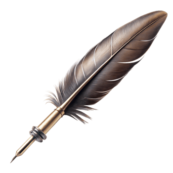 Black feather resting on top of a pen against a plain transparent background png