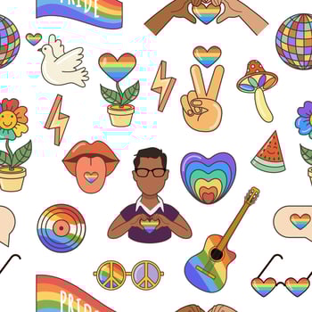 LGBTQ seamless pattern. Symbols of the LGBT pride community. Flat illustration in 70s retro clipart design. vector