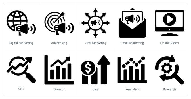 A set of 10 digital marketing icons as digital marketing, advertising, viral marketing vector