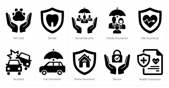 A set of 10 insurance icons as pet care, dental, social security vector