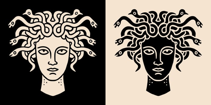 Medusa head minimalist portrait logo black and beige greek goddess stylized drawing dark academia aesthetic illustration mythology lover printable shirt design sticker vector