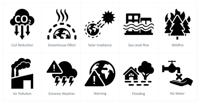 A set of 10 climate change icons as co2 reduction, greenhouse effect, solar irradiance vector