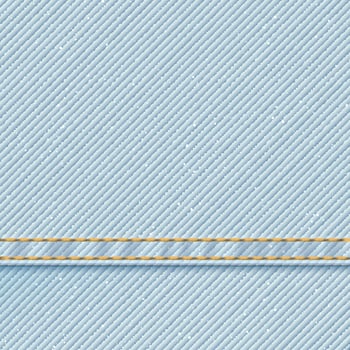 Denim blue jean textile faded condition pattern square background with gold seams and crease illustration. vector