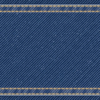 Denim blue jean textile pattern square background with gold seams and crease illustration. vector
