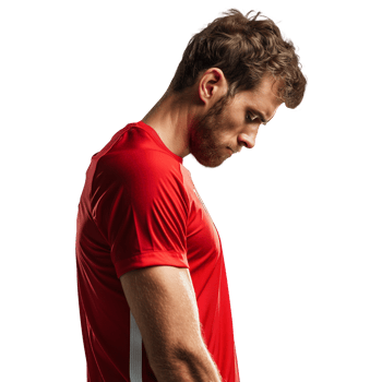 Male athlete in red t-shirt stands sadly with his head bowed. png