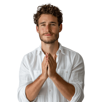 Young man in white shirt with hands in prayer position png