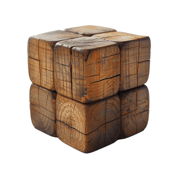 Antique wooden puzzle cube on reflective surface png