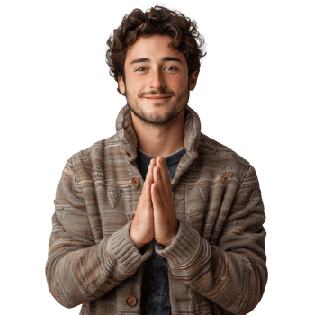 Young man with curly hair in a brown jacket gesturing thanks png