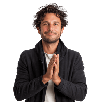 Smiling man with curly hair in casual clothing gesturing thanks png