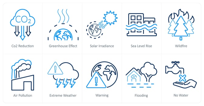 A set of 10 climate change icons as co2 reduction, greenhouse effect, solar irradiance vector