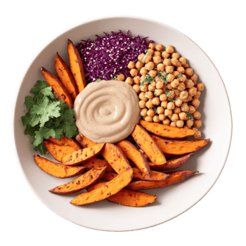 Buddha bowl quinoa base roasted sweet potato wedges and chickpeas tahini drizzle isolated on transparent png