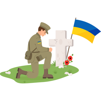 Military soldier in front of grave cross with Ukrainian flag png