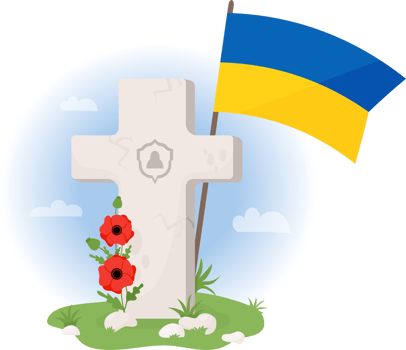 Grave cross with Ukrainian flag and bouquet red poppies png