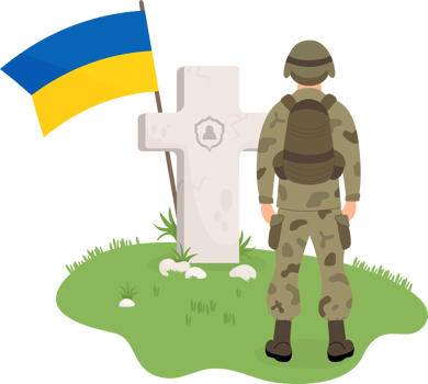 Military soldier in front of grave with Ukrainian flag. Veterans Cemetery png