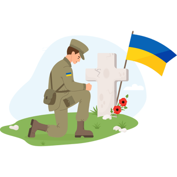 Military soldier in front of grave cross with yellow-blue Ukrainian flag png