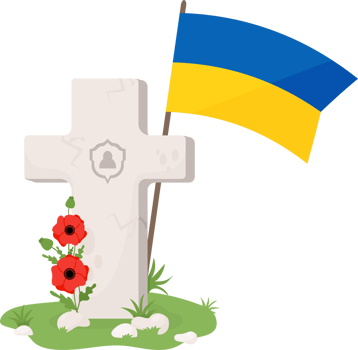 Grave cross with Ukrainian flag and bouquet red poppies png