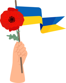 Hand with Ukrainian flag and red poppy png
