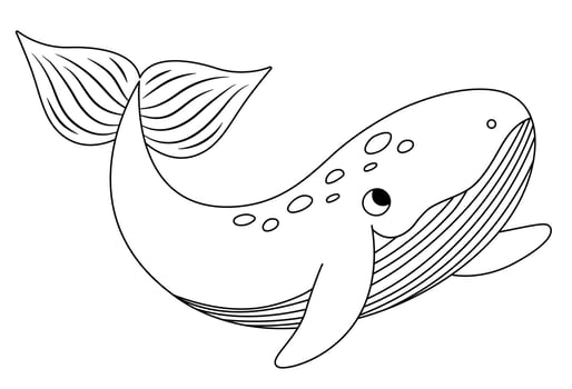 black and white whale icon. Under the sea line illustration with cute funny fish. Ocean animal clipart. Cartoon underwater or marine coloring page for children isolated on white background vector