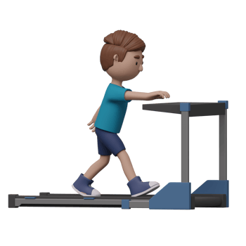 A cartoon boy is walking on a treadmill. 3d render png