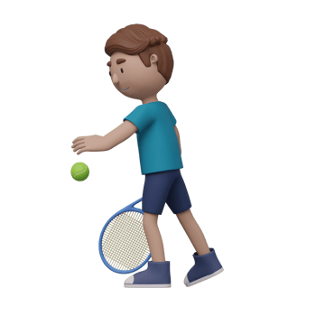 A cartoon boy is playing tennis with a tennis ball. He is wearing a blue shirt and blue shorts. 3d render png