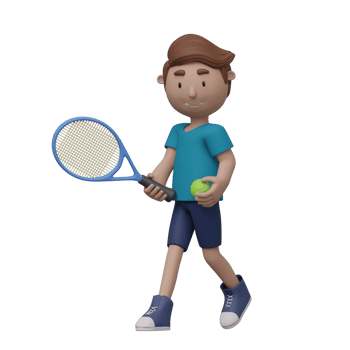 A cartoon boy is playing tennis with a tennis ball. He is wearing a blue shirt and blue shorts. 3d render png