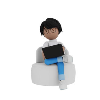 A man wearing glasses is sitting on a white chair with a laptop in his lap png