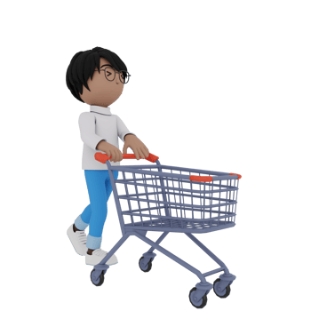 A cartoon character is holding a shopping cart and walking down a store aisle png